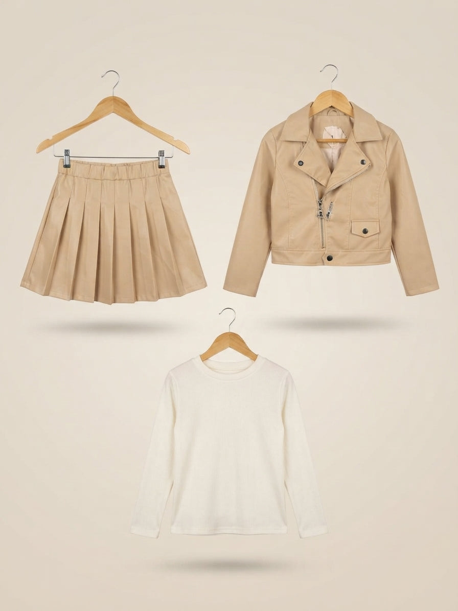 Stylish Girls Biker Jacket Matching Pleated Skirt And Long Sleeve Tee Outfit Set
