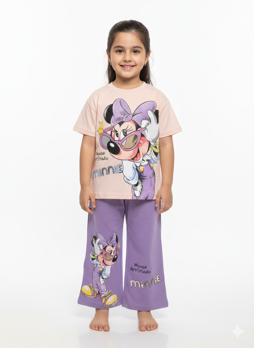 Girls Fun Cartoon Graphic T-Shirt and Wide Leg Pant Two Piece Set in Three Colors