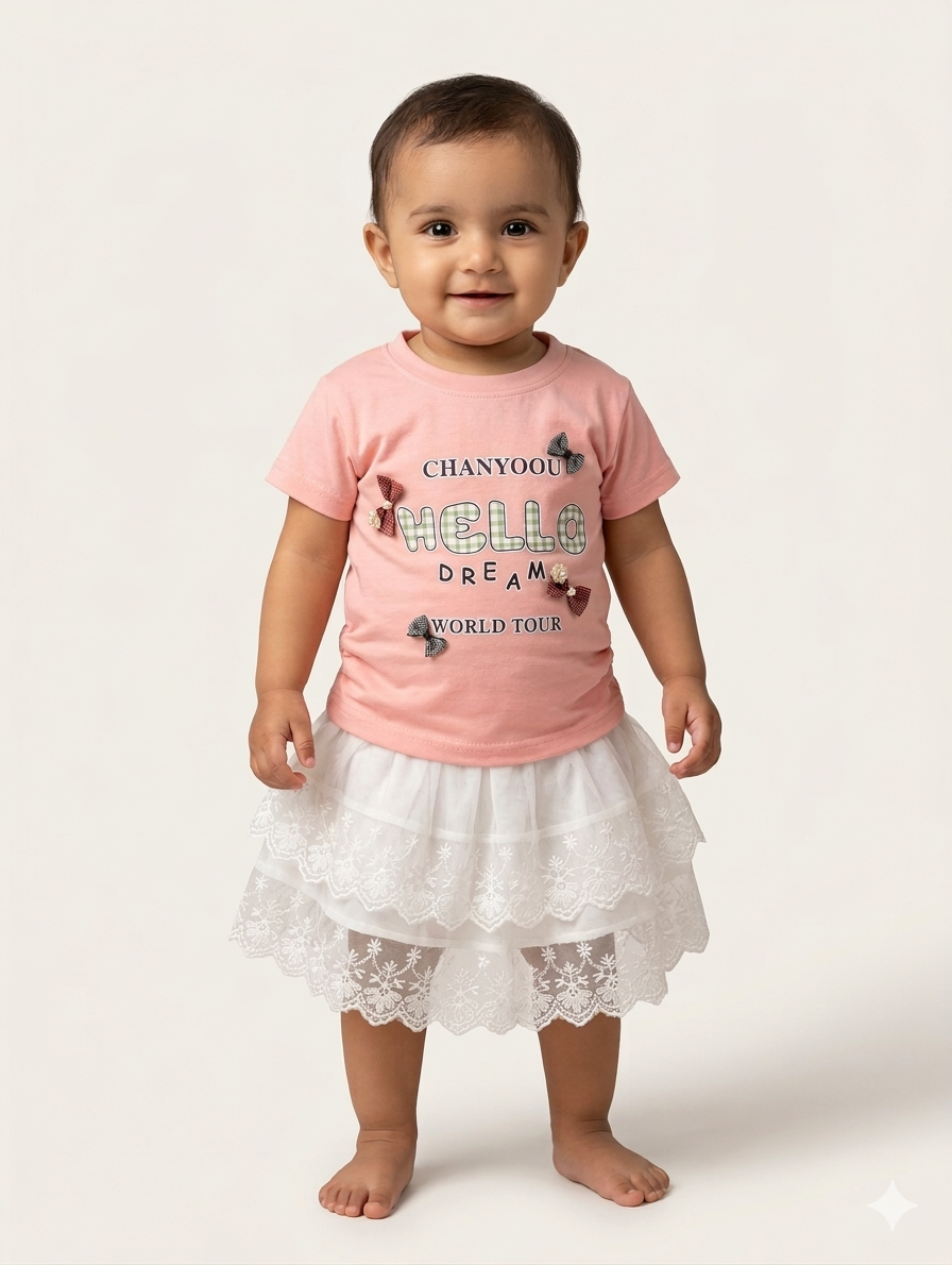 Baby Girls Cute Graphic Cotton T-Shirt And Layered Lace Tutu Skirt Two Piece Set
