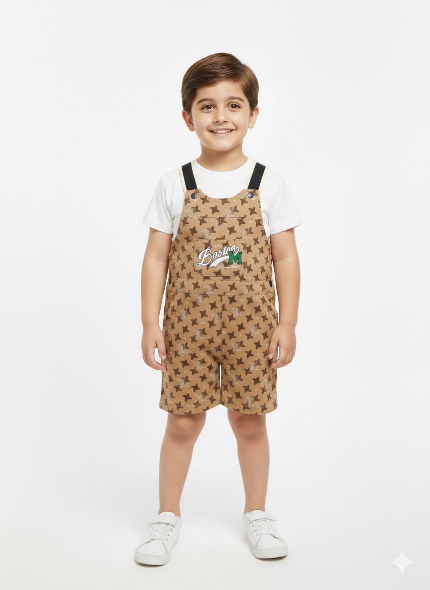 Toddler Boys' 2-Piece White Tee and All-Over Print Denim-Style Shorts Overalls Set