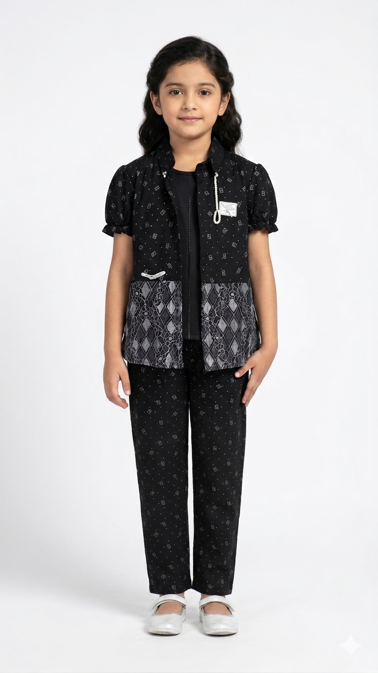 Stylish Girls Self Print Net Lace Shrug 3 Piece Pants Suit Co Ord Set