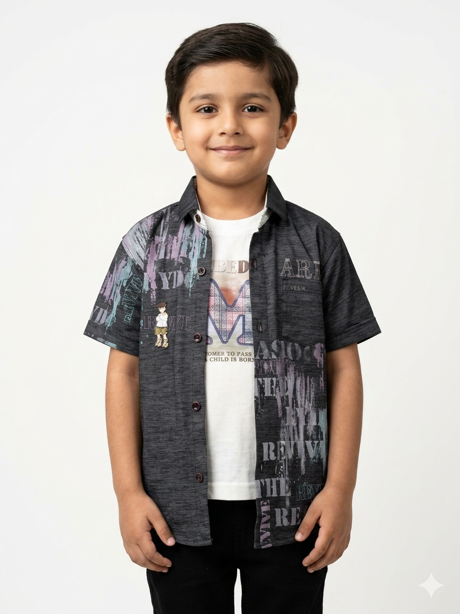 Boys Stylish Graphic Button-Down Shirt and Casual T-Shirt Coordinated Set