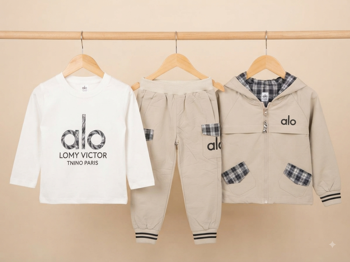 Kids stylish 3-piece winter outfit set featuring t-shirt, pant, and hooded jacket.