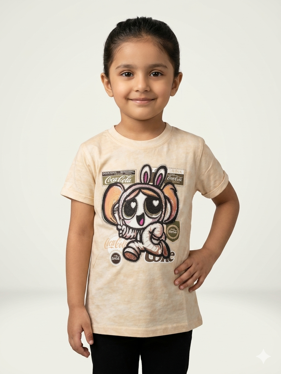Girls Retro Graphic Tie Dye T-Shirt Featuring Playful Cartoon Bunny Character and Nostalgic Logos