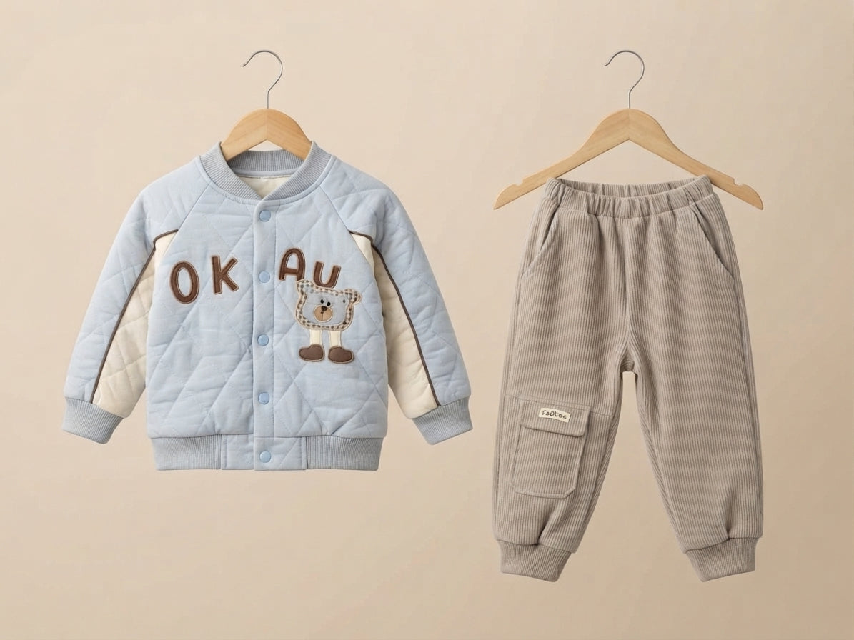 Cute Quilted Bear Pattern Jacket With Matching Corduroy Pant Set For Kids