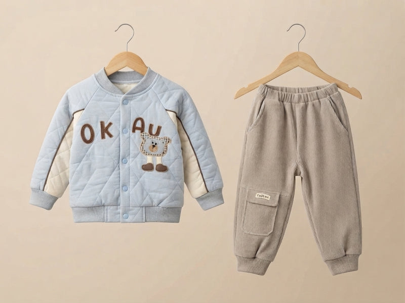 Cute Quilted Bear Pattern Jacket With Matching Corduroy Pant Set For Kids