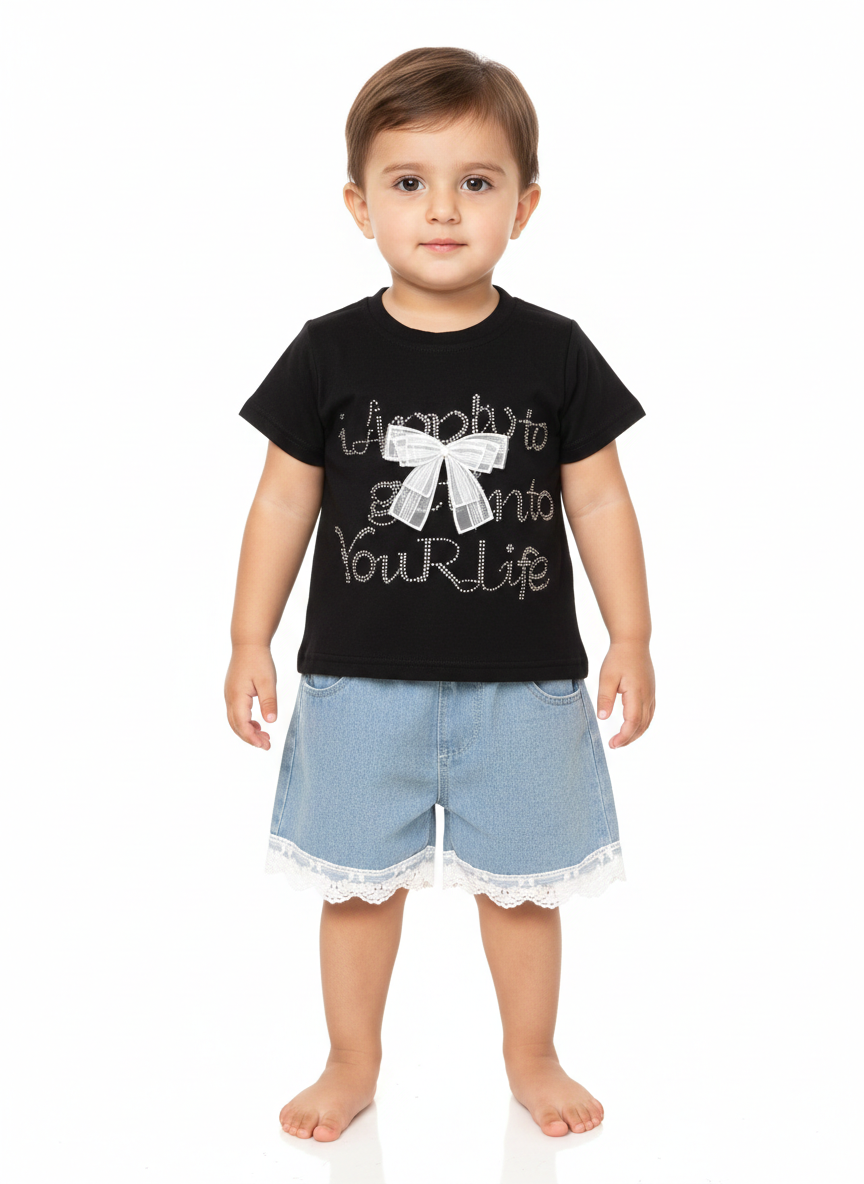 Toddler Girls’ Embellished T-Shirt and Lace-Trim Denim Shorts Two-Piece Summer Fashion Outfit Set