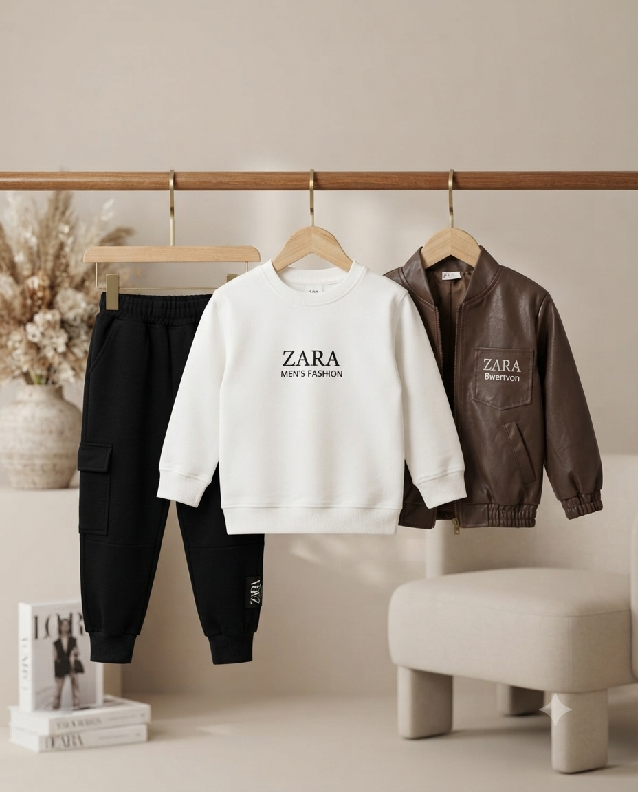 Zara Boys 3-Piece Casual Outfit Set: Sweatshirt, Cargo Pants, And Faux Leather Jacket