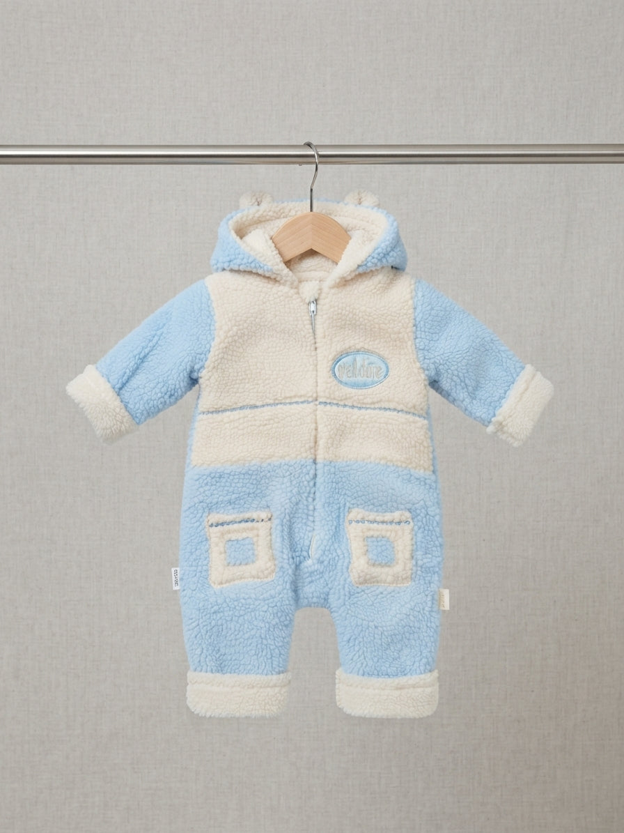 Baby Hooded Sherpa Colorblock Romper With Front Pockets And Zipper