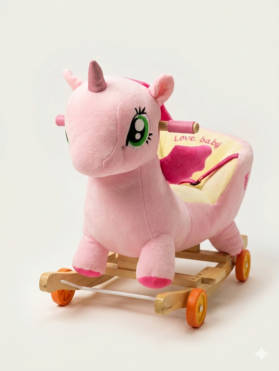 2-in-1 Plush Pink Unicorn Rocking Horse & Stroller with Safety Belt for Toddlers and Babies
