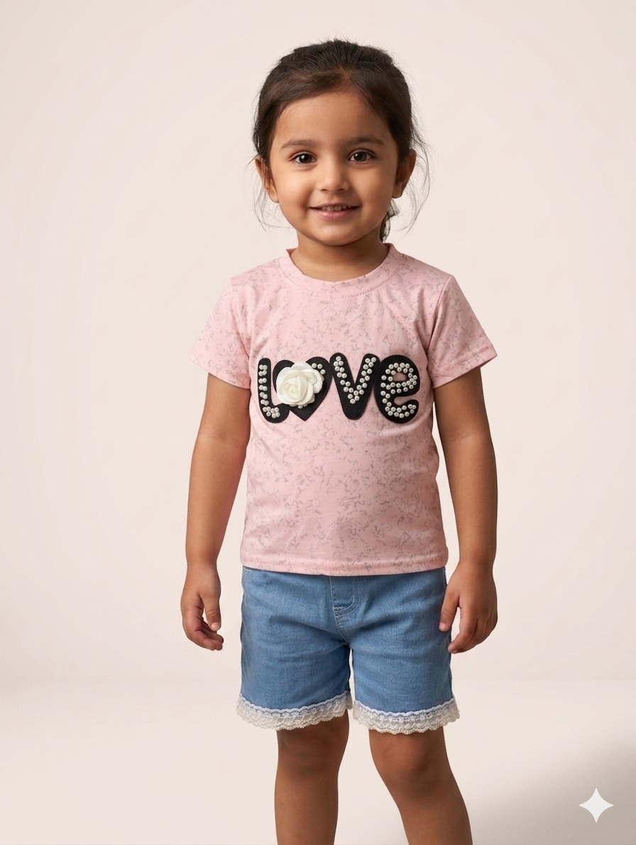 Toddler Girls Love Graphic T-Shirt and Lace Trim Denim Shorts Two Piece Summer Outfit