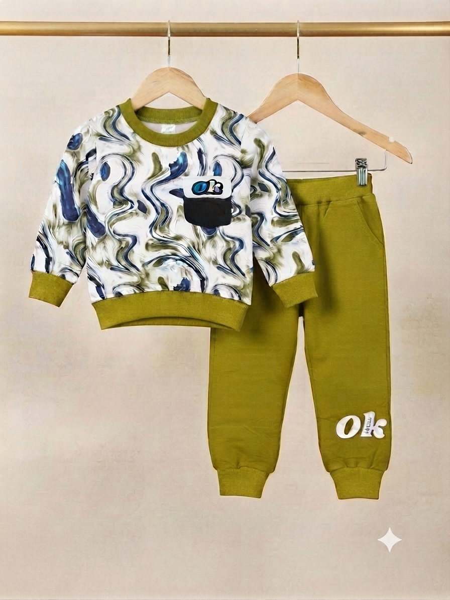 Stylish Abstract Swirl Print Kids Fleece Sweatshirt And Matching Joggers Winter Outfit Set