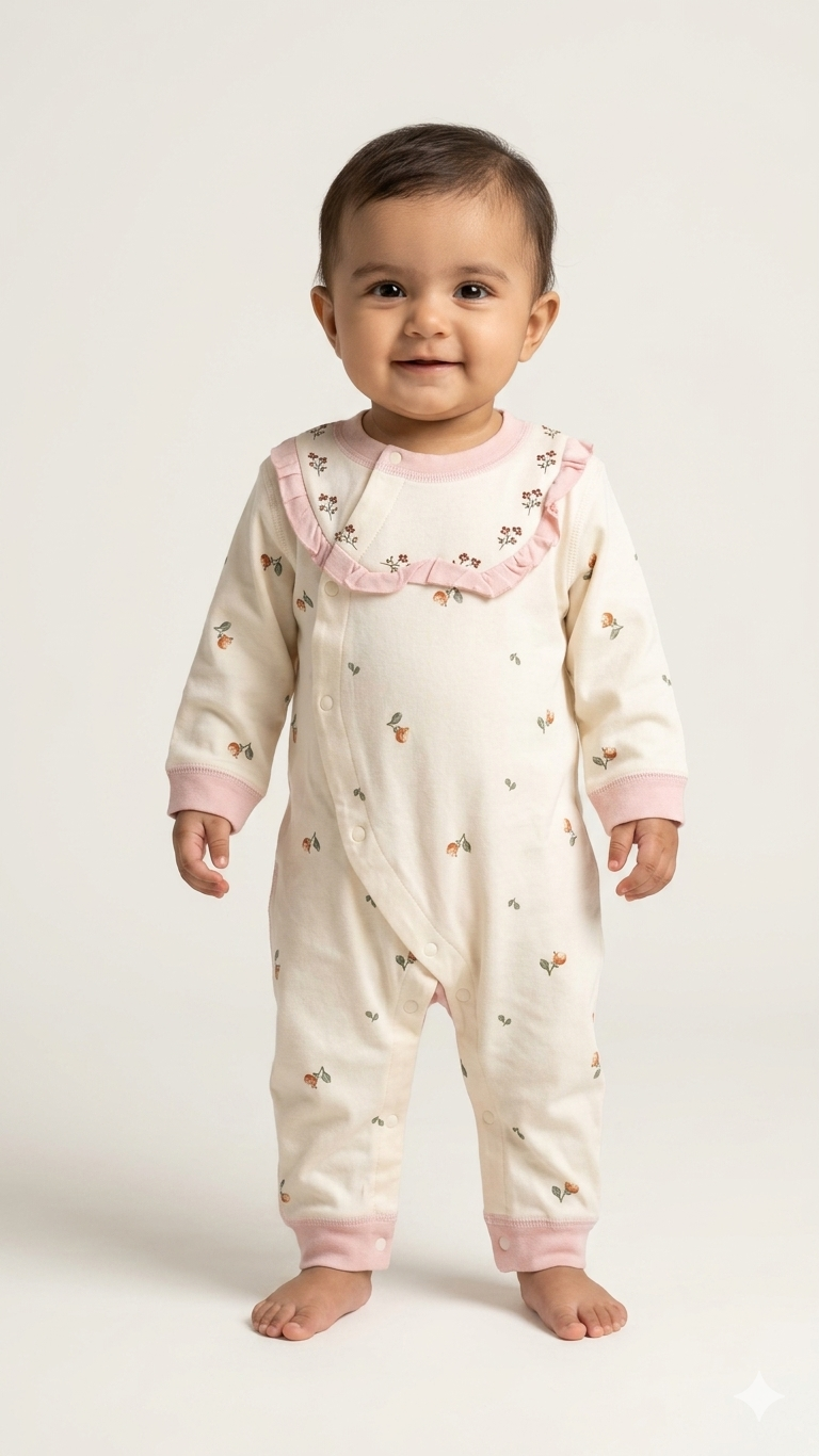 Comfortable Floral Print Cotton Baby Jumpsuit with Frilled Collar for Cozy Daily Wear