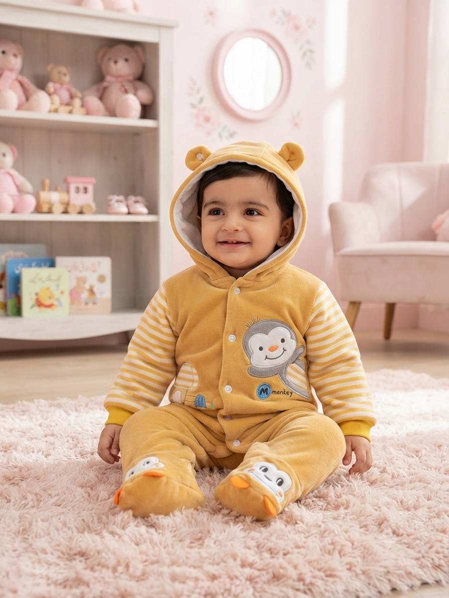 Cute Baby Fleece Romper with Hood and Cute Applique