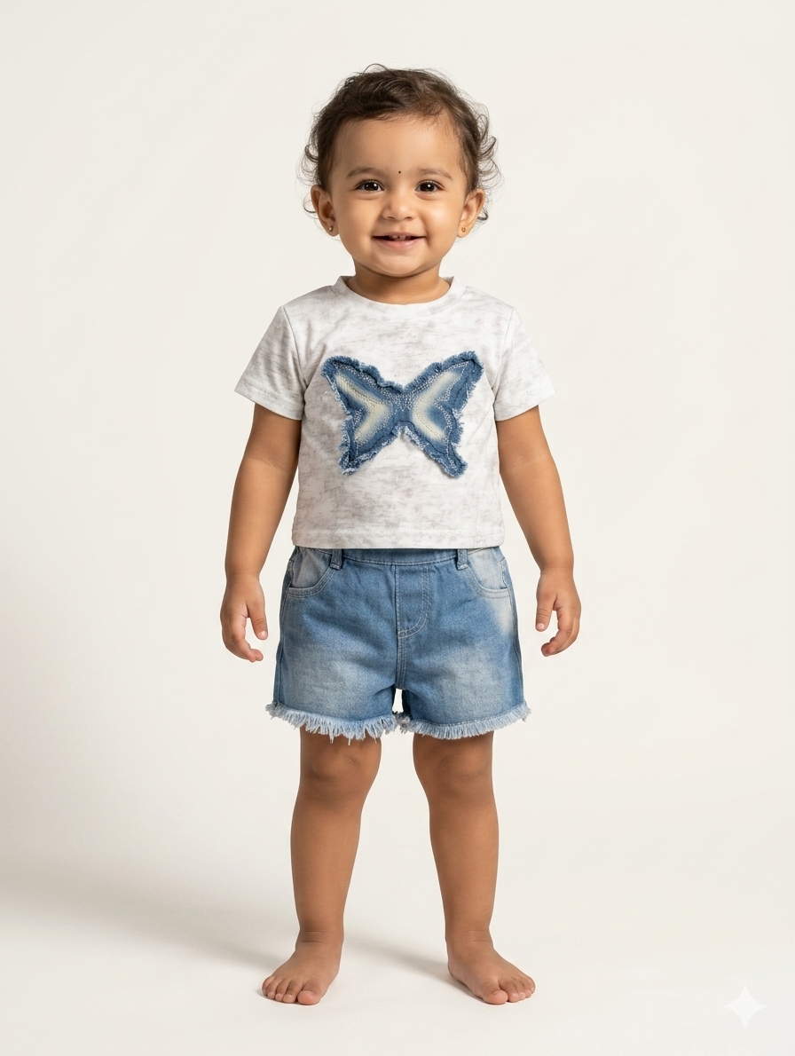 Toddler Girl Butterfly Graphic Tie-Dye T-Shirt and Frayed Denim Shorts Two-Piece Summer Outfit Set