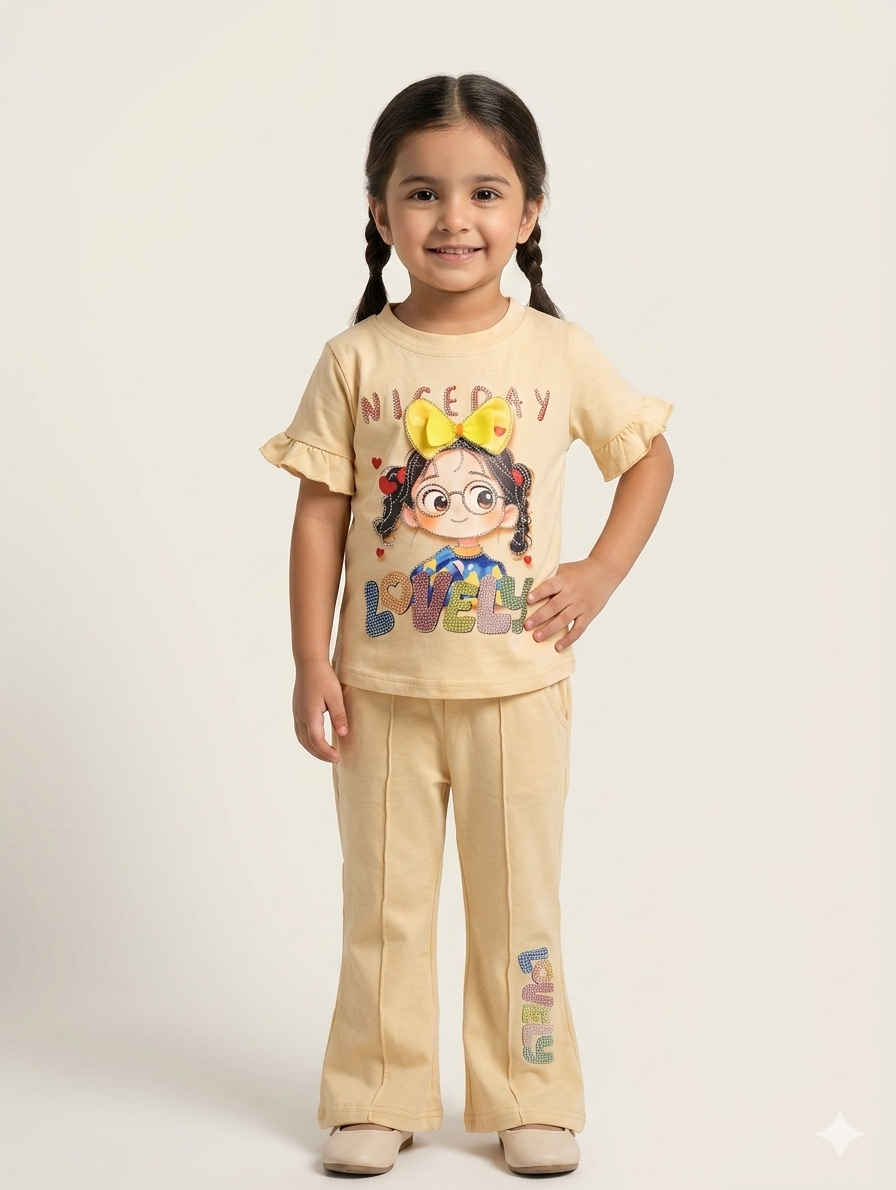 Baby Girl Lovely Character Graphic T-Shirt and Matching Flared Trousers Two Piece Cotton Summer Set