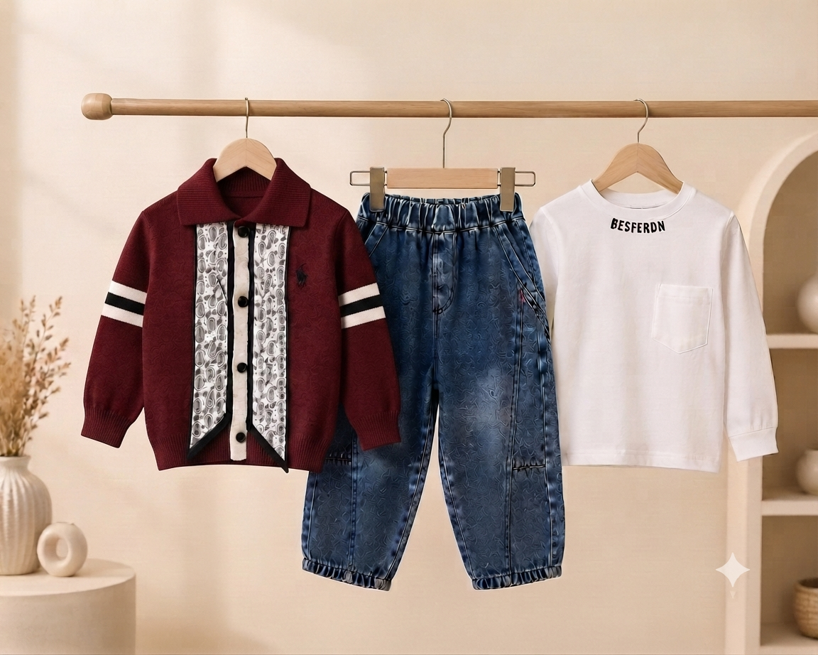 Boys Stylish 3-Piece Winter Outfit Set Cardigan Inner T-Shirt Full Length Trouser