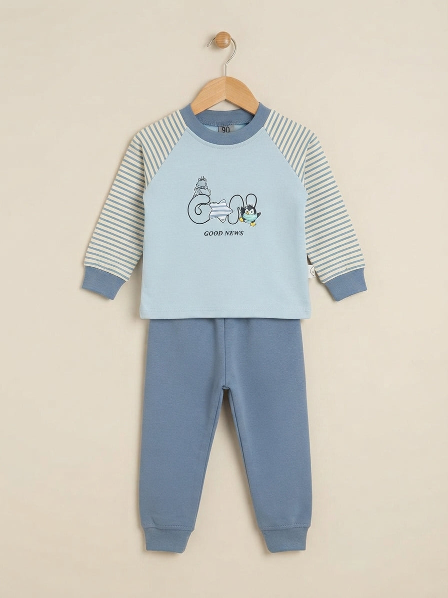 Stylish Kids Striped Sleeve Good News Graphic Shirt And Matching Trouser Outfit Set