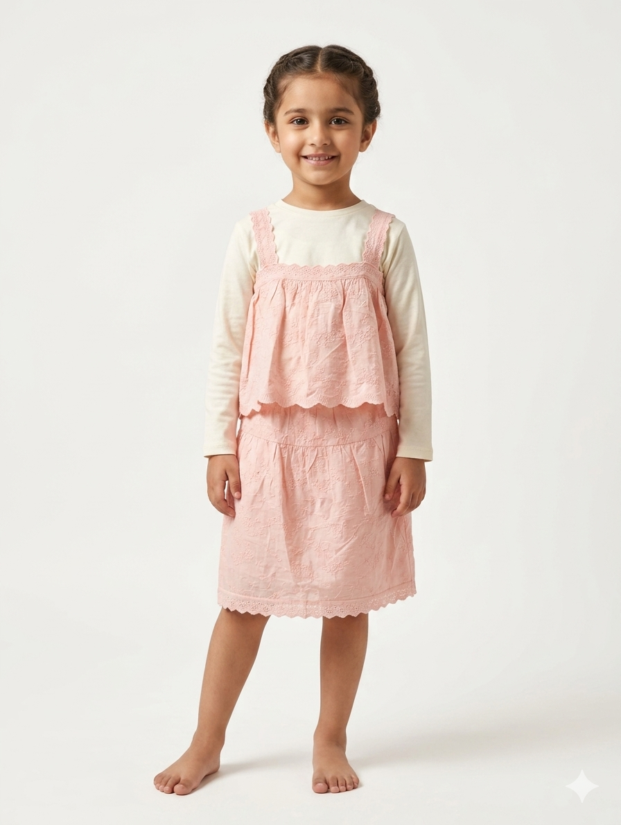 Elegant Girl's Three-Piece Eyelet Lace Top and Skirt Set with Long Sleeve Inner Shirt