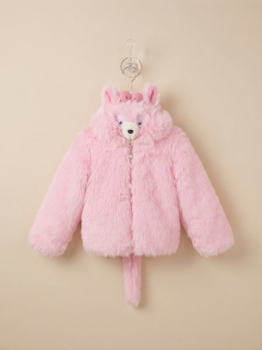 Adorably Plush Pink Faux Fur Cat Hoodie Jacket Featuring Cute Ears And Detachable Tail