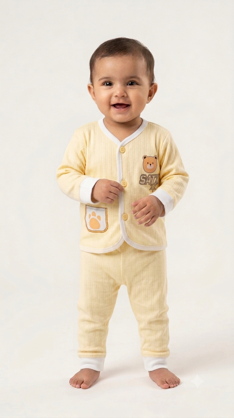 Adorable Soft Ribbed Cotton Baby Sleepwear Set with Cute Bear Print & Pocket