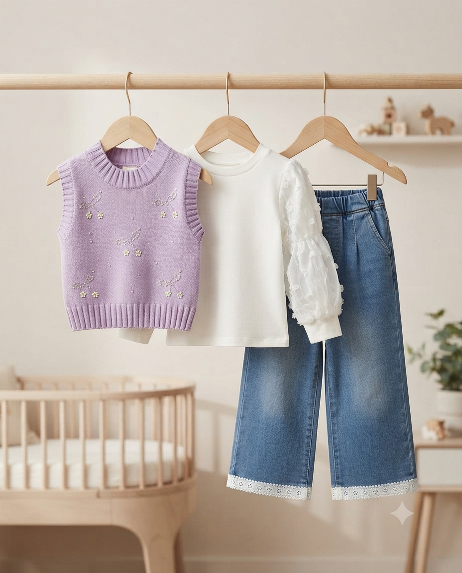 Girls Cute 3-Piece Outfit Set Knit Vest Blouse and Full Length Denim Trouser