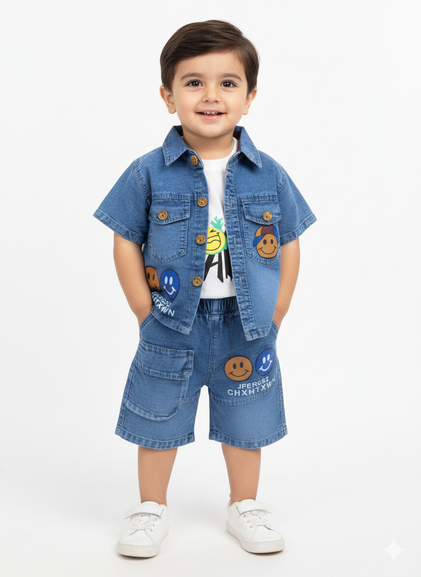 Toddler Boys' Three Piece Plaid and Denim Short Sets with Graphic Tee for Casual Play
