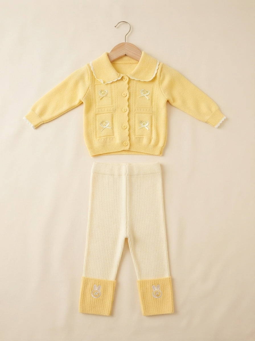 Charming Kids Knit Cardigan and Matching Pants Set Featuring Playful Mushroom Patterns