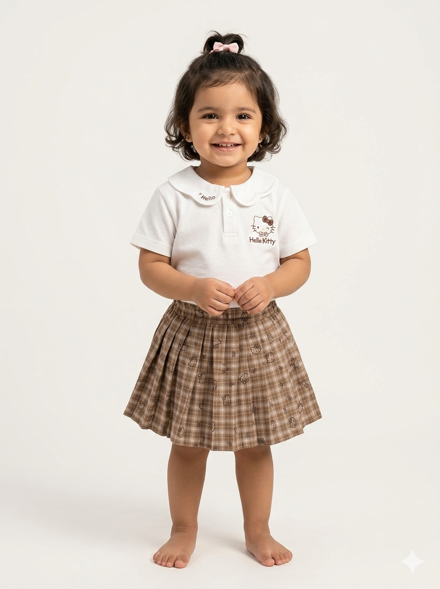 Toddler Girl Hello Kitty Polo Shirt and Plaid Pleated Skirt Two Piece Preppy Fashion Outfit