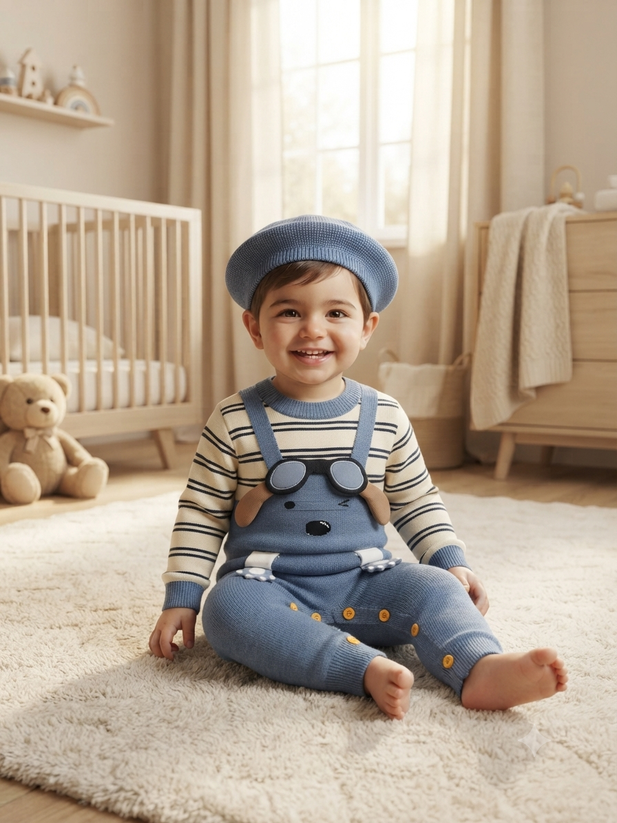 Adolescent And Toddler Cute Knitted Winter Outfit Set With Matching Beret Cap