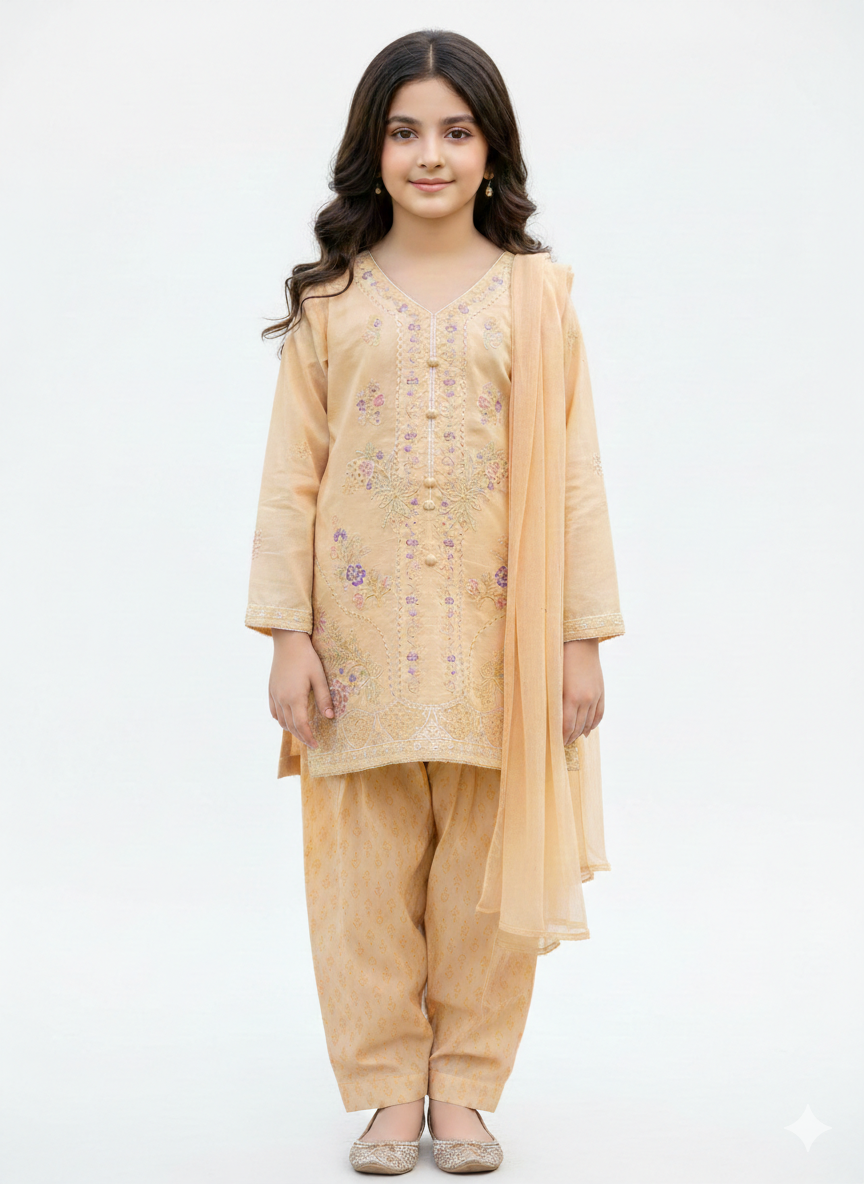 Elegant Girls Embroidered Cotton Kurta Salwar Suit with Matching Chiffon Dupatta in Pastel Shades