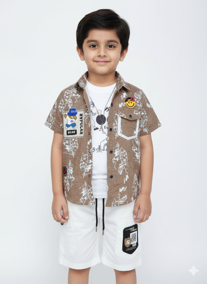 Boys' Urban Adventure Brown and White Three-Piece Cargo Set with Playful Patchwork Details