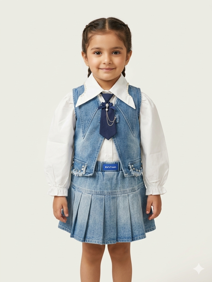 Toddler Girls' Preppy Denim Three-Piece Set with Rhinestone Vest, White Blouse, and Pleated Skirt