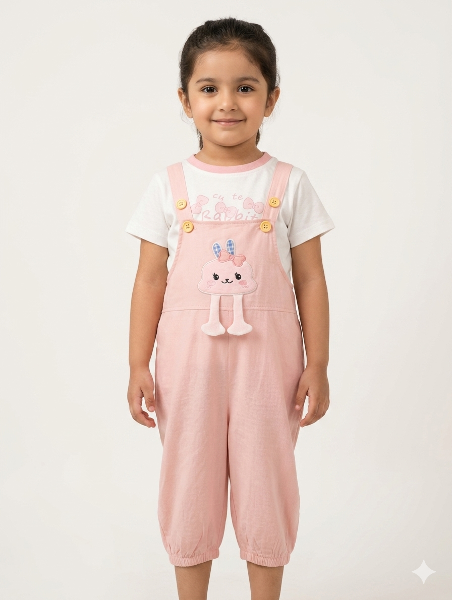 Charming Girls Rabbit Character Dungaree Set Featuring Pastel Colors and Soft Cotton Graphic T-Shirt