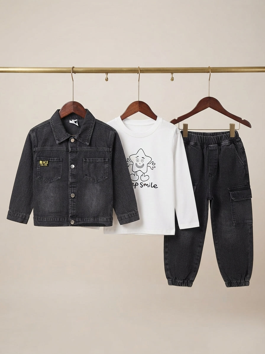 Stylish Three Piece Denim Shirt White T Shirt And Joggers Outfit For Boys