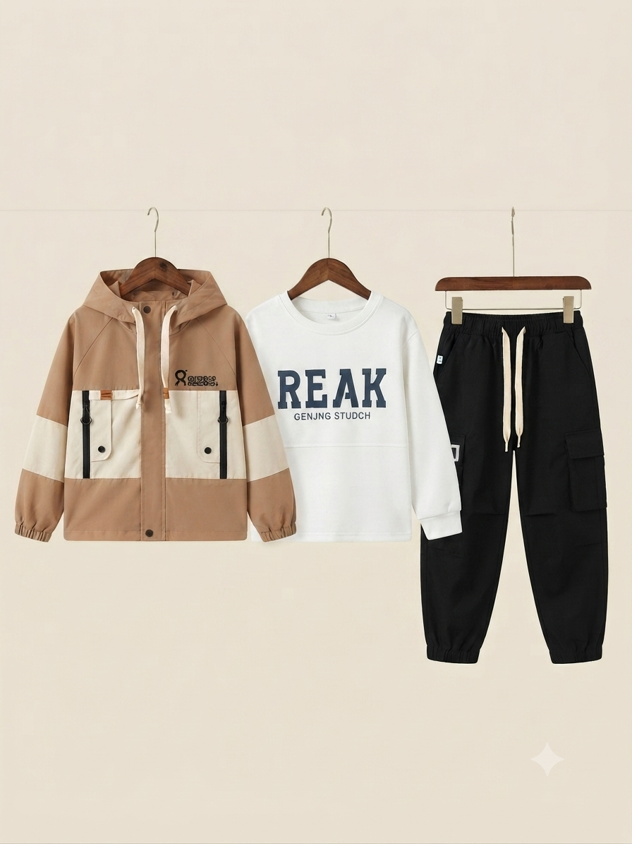 Kids 3 Piece Stylish Winter Outfit Set With Hooded Jacket Shirt And Comfortable Pants