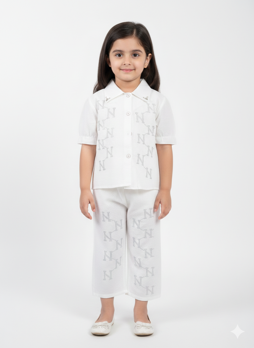 Elegant Monogrammed Button-Down Shirt and Wide-Leg Trouser Two-Piece Set for Stylish Young Girls