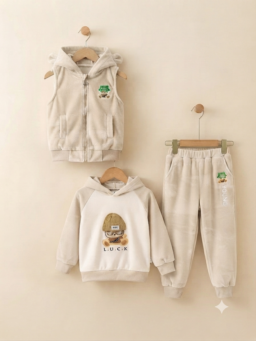 In 3-Piece Kids Winter Fleece Outfit Set With Hoodie Vest And Sweatpants