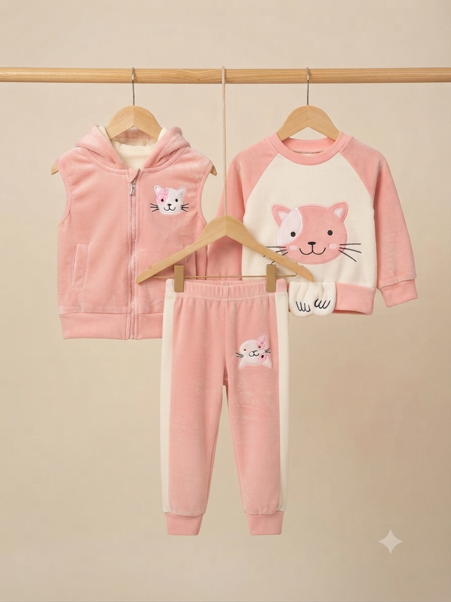 Cute Pink And Cream Velvet Cat Design Baby Hoodie Vest And Tracksuit Set