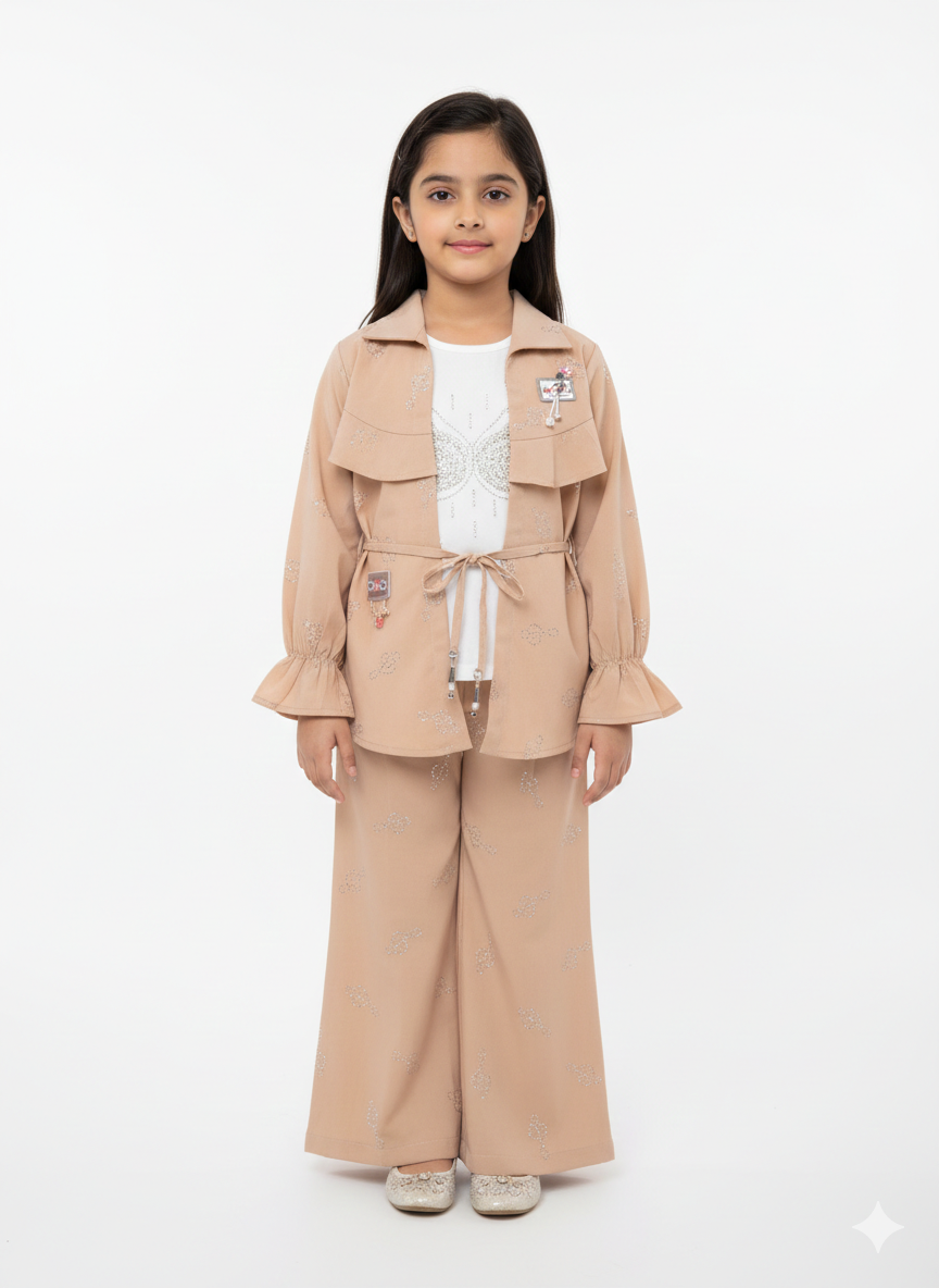 Elegant Girls' Three-Piece Beige Utility Flare Set with Belted Jacket and Embellished Graphic Tee