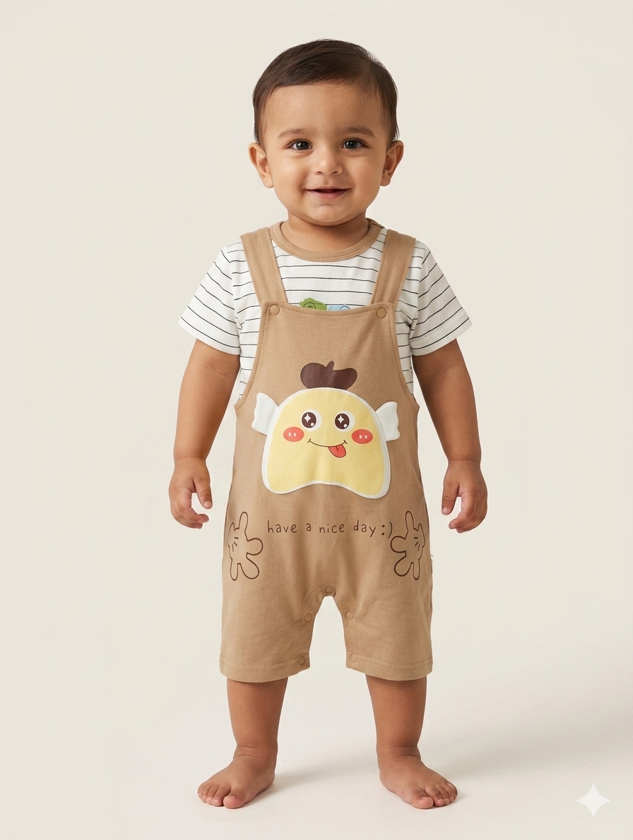 Adorable Baby Boy Two Piece Striped T-Shirt and Cartoon Character Overalls Short Romper Set