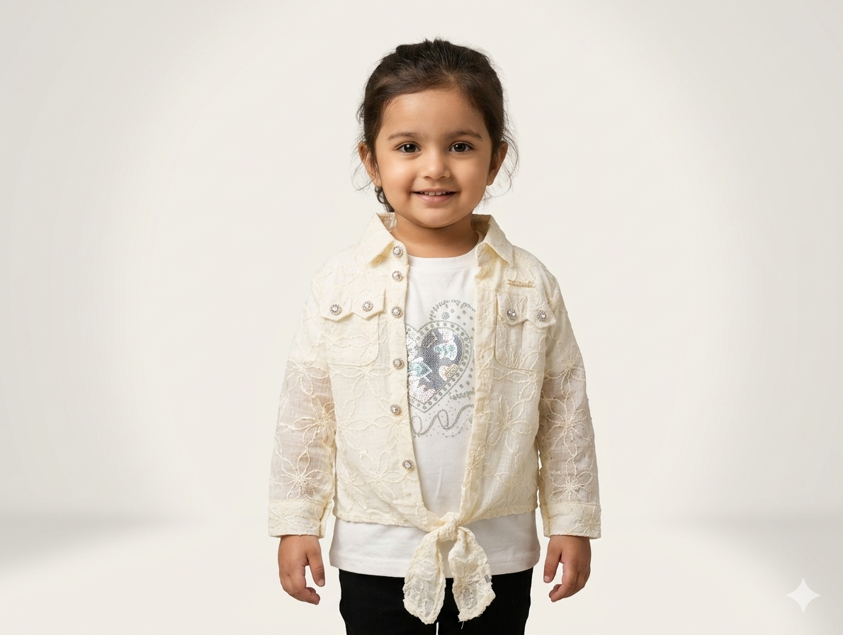 Girls Elegant Floral Lace Tie Front Shrug Layering Top With Sparkling Heart Graphic Inner Tee