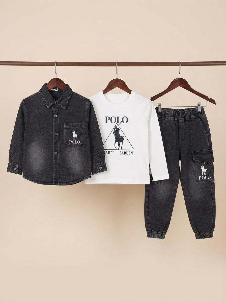 Stylish Three Piece Denim Shirt White T Shirt And Joggers Outfit For Boys