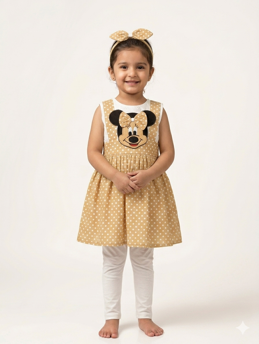 Girls Minnie Mouse Polka Dot Pinafore Dress with Matching Headband and White Leggings Set