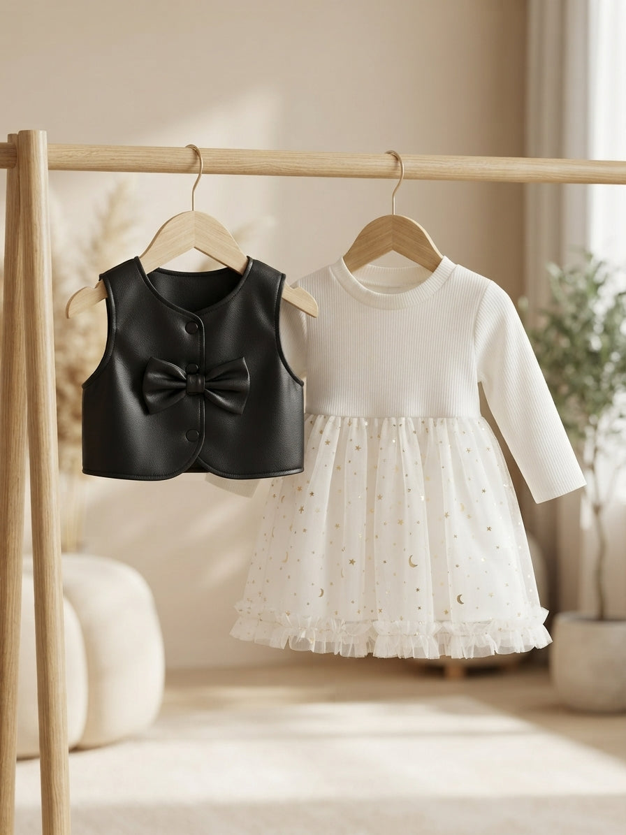 Chic Toddler Girl Cream Ribbed Dress With Tulle Skirt And Faux Leather Vest Set