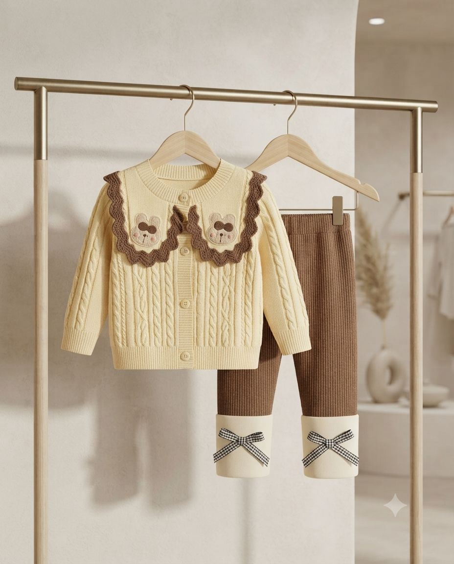 Cute Baby Girls Knit Sweater And Pants Set With Adorable Bear Collars And Bows