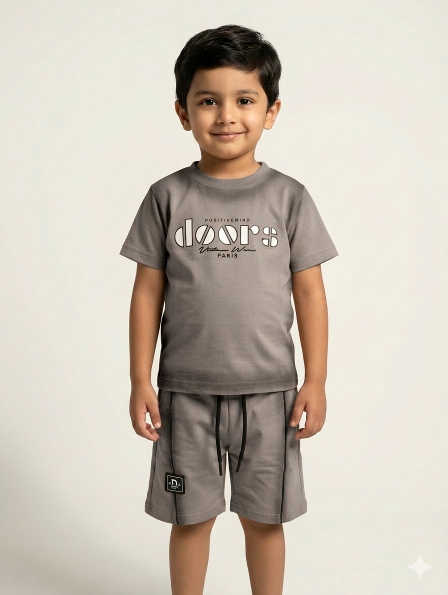 Boys' Premium Two-Piece Summer Short Set with Graphic Tee in Grey, Beige, and Purple
