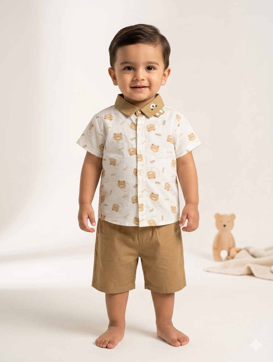 Adorable Toddler Boy Bear Print Short Sleeve Button-Down Shirt and Matching Shorts Summer Set