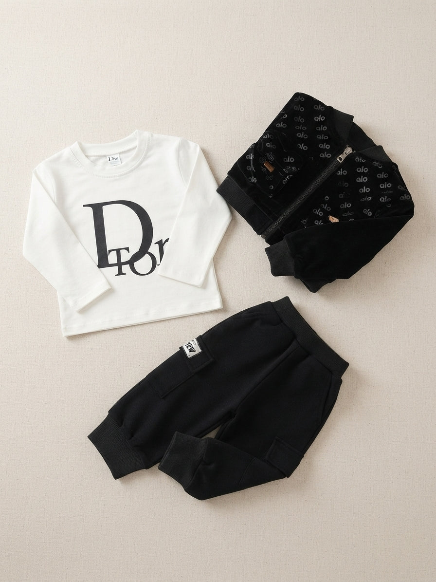 Stylish Brown And White Kids 3-Piece Tracksuit Set With Logo Printed Long Sleeve Shirt