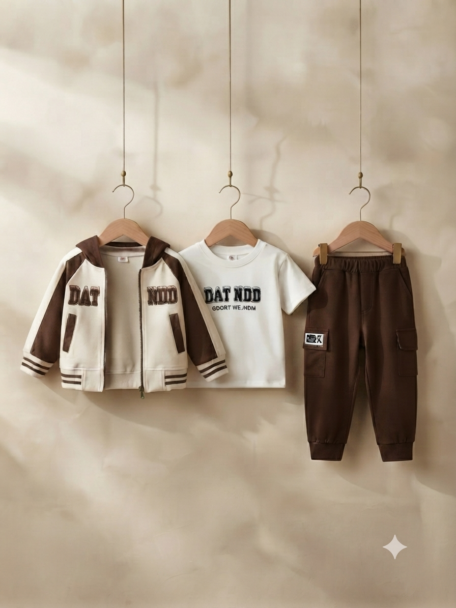 Stylish 3-Piece Kids Outfit Featuring Zip Hoodie, Graphic T-Shirt, and Cargo Trousers Set